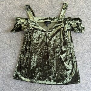 A Byer Top Womens Small Crushed Velvet Cold Shoulder Fairy Whimsy Goth Green‎